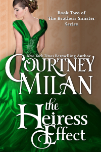 Book cover with a brown-haired white woman standing with her back to the camera looking over her left shoulder while wearing a full-skirted green satin ballgown.