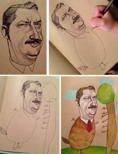 A group of four drawings. Upper left shows a detailed ink illustration of a man with a mustache. Upper right and bottom left shows the artist's child drawing him a body and a tree. Bottom right shows the finished drawing, colored in ink by the artist.