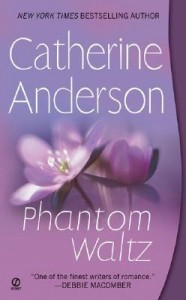 Book cover for Phantom Waltz By Catherine Anderson. Two purple flowers on a purple background.