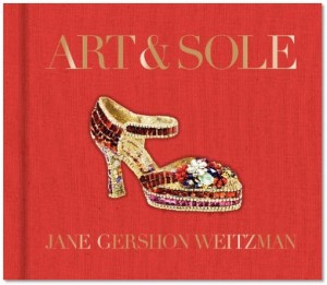 Below a gold title on a full red background a multi colored high heel shoe made entirely of gemstones rests above the author's name.