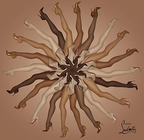 Advertising artwork. Women's legs in a variety of skin tones, wearing "nude" shoes to match their legs, fan out to make a rosette/pinwheel design.