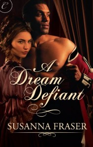 Book cover for A Dream Defiant by Susanna Fraser. A white woman with brown hair in a loose updo, wearing a 19th century gown, stands with her back to the camera and looks over her right shoulder at the viewer. Standing in front of her is a tall black man in a red army uniform that's partially removed, baring his smooth, muscular chest.