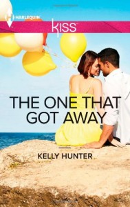 Book cover for The One That Got Away by Kelly Hunter. A white woman in a yellow sundress and a white man in a white shirt sit on a rocky seawall and cuddle, while holding balloons.