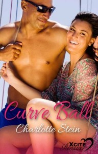 Book cover for Curve Ball by Charlotte Stein. A couple sits on a boat. She smiles at the viewer and is wearing a pretty sundress. He’s shirtless and wearing sunglasses and smiling at her.