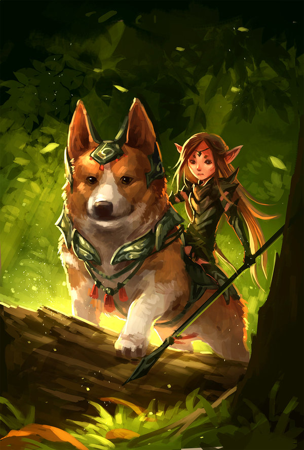 A color illustration of a fairy riding on the back of a corgi.