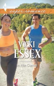 Book cover for In Her Corner by Vicki Essex. A light-skinned woman in an orange sports bra and grey yoga pants jogs outside with a light-skinned man in a blue tank top and grey shorts.