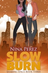 Book cover for Slow Burn by Nina Perez. A color illustration of a black woman in dark jeans, pink shirt and a grey long-sleeve stands next to a white man in jeans, white tshirt and a red long-sleeve shirt. he has his arm around her waist.