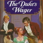 Book cover for The Duke's Wager by Edith Layton. A white woman wearing a green, empire waisted regency dress sits in a chair talking to a white gentleman wearing tan breeches and a red jacket. Another white gentleman in regency dress watches them from the background.