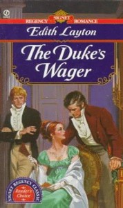 Book cover for The Duke's Wager by Edith Layton. A white woman wearing a green, empire waisted regency dress sits in a chair talking to a white gentleman wearing tan breeches and a red jacket. Another white gentleman in regency dress watches them from the background.