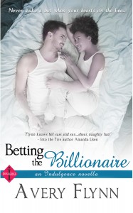 Book cover for Betting the Billionaire by Avery Flynn. A black woman with natural hair worn in an afro smiles while she cuddles in a bed with a white man with short brown hair. Both are wearing white pants and white tank tops.