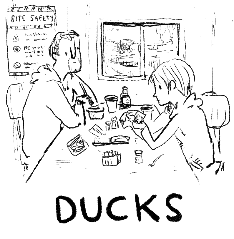 Cover image for a comic called Ducks. A rough black and white line drawing of a woman and a man sitting at a table at a job site. 