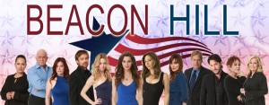 The cast of web series Beacon Hill stands in front of the show's patriotic flag banner logo