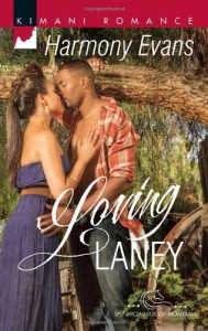 Book cover for Loving Laney by Harmony Evans. A black woman in a blue sleeveless dress and a black man in an unbuttoned red plaid shirt kiss beneath a large willow tree.