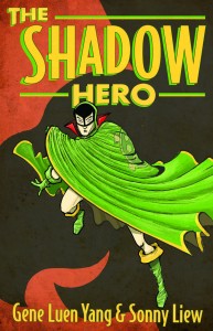 A masked superhero sweeps a large green cape in front of him, while a turtle shadow looms behind