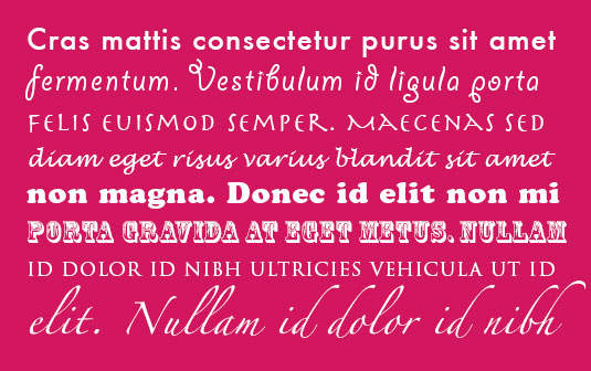Eight lines of lorem ipsum in white text on a bright pink background. Each line is a different font and weight.