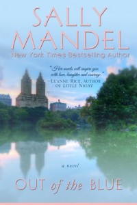 Book cover for Out of the Blue by Sally Mandel . A landscape view of Manhattan from the lake in Central Park.
