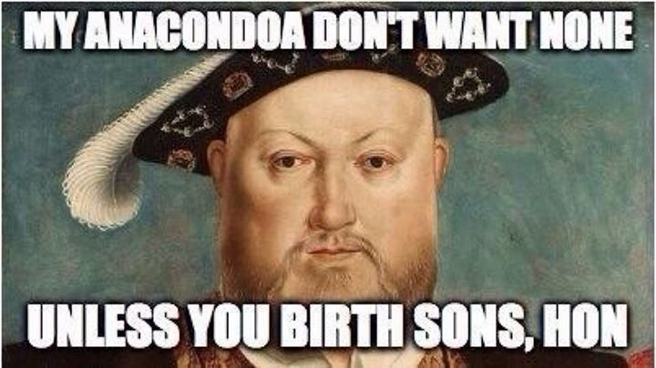 Portrait of Henry VIII zoomed in on his face. Meme text reads "MY ANACONDA DON'T WANT NONE/UNLESS YOU BIRTH SONS, HON" 