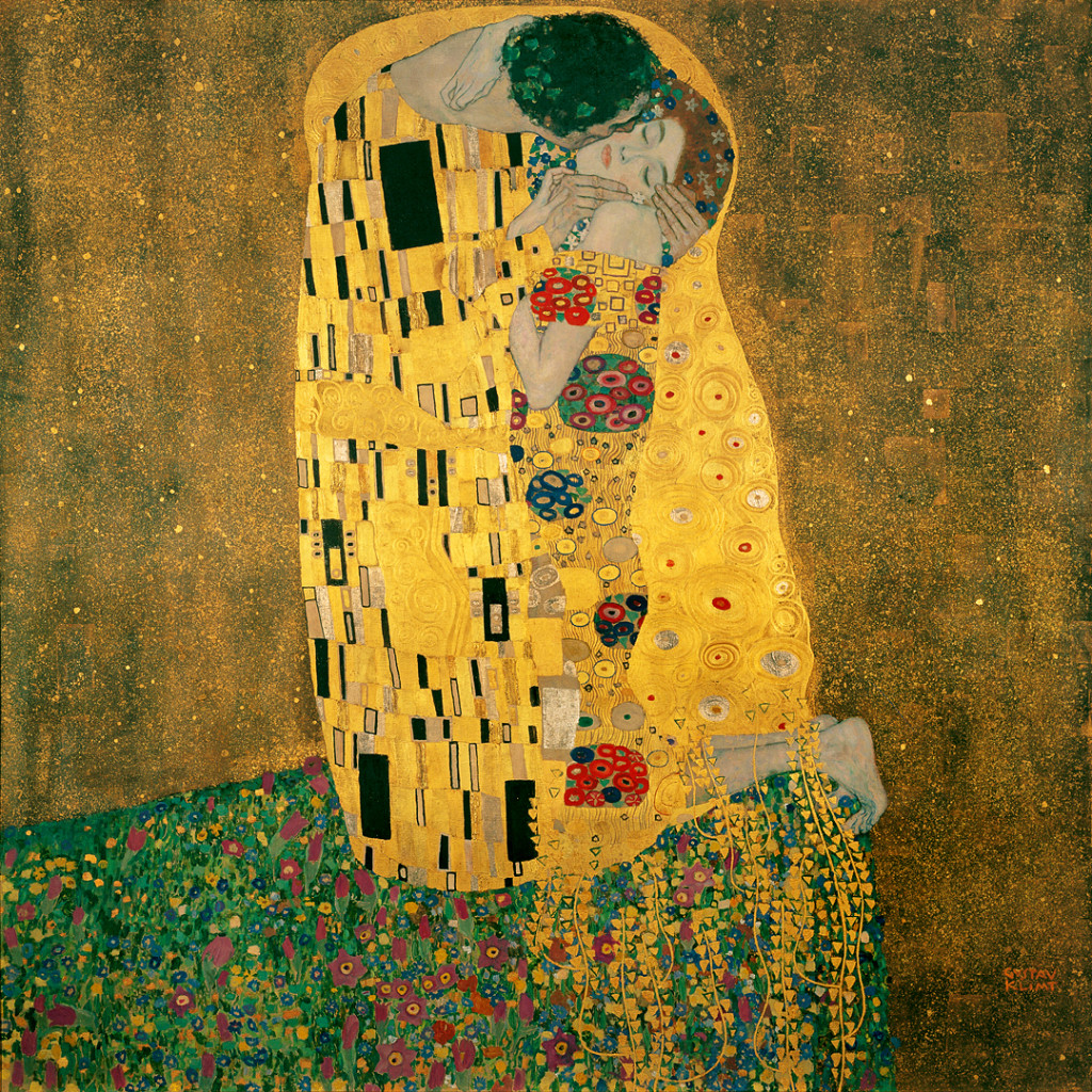 Gustav Klimt painting "The Kiss" which is a stylized view of a man kissing a woman where her neck appears to bend at an odd angle. 