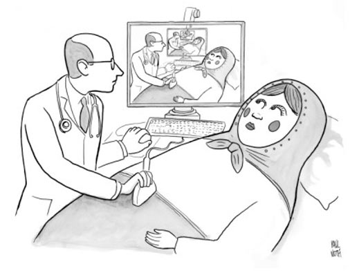 A pencil drawing of a bald, white male doctor doing ana ultrasound on a kerchief-wearing Russian nesting doll. The monitor shows a smaller version of the doctor and doll and the monitor in that shows an even smaller version and so on.