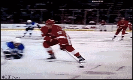 Animated gif of a Red Wings hockey player sliding face first into the goal. Shortly after that a Blues player goes face first into the camera.