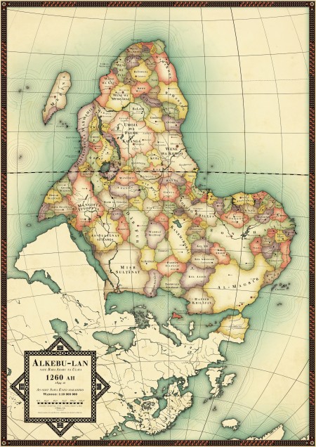 A map of Africa oriented so that south is at the top and which imagines the political boundaries as if the continent had never been colonized by Europeans.