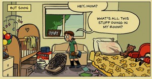 Cartoon panel of Raina surrounded by her baby sister's things in her room, in distress