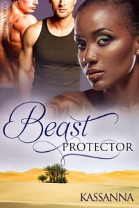 On the top half of the cover, there's a gorgeous black woman with tribal tattoo on her shoulder at front and two white male torsos at the back. A sand desert oasis is on the bottom half of the cover.