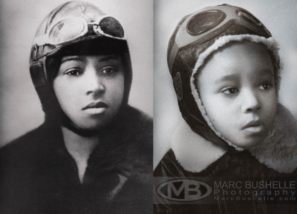 A black and white photo with aviator Bessie Coleman's portrait on the left and a five year old black girl on the right dressed in an aviator helmet with goggles on top and a leather aviator jacket and posed like coleman.