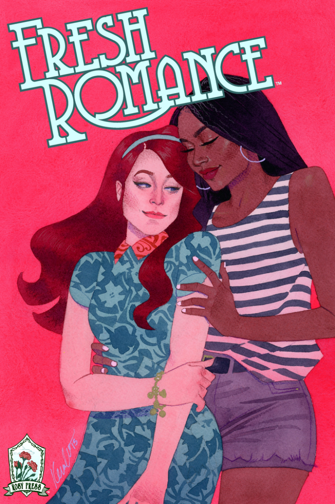 A book cover. Bright pink background. Title says FRESH ROMMANCE in an ice blue, 70s style font. A black woman with long blackk hair wears a blue and white striped tank top and denim shorts. She embraces a white woman with long red hair wearing a teal patterned blouse.