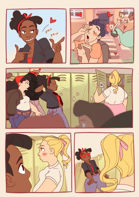 A page from webcomic Rock and Riot.  It opens with Connie, a black woman in jeans and a black jacket with a red bandana in her hair. She shows up at school shooting double finger guns, making guys and girls alike swoon outside the school. But even Connie can’t keep her cool when she walks into school and sees the school’s very own Sandra Dee (a cute and more than a little chubby girl in a pink skirt and ponytail named Carla).