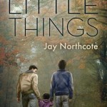 An autumn view. There are orange leaves on the trees and on the ground. Two men are walking away from the viewer. They both are holding hands of a small child that walks between them. Title: The Little Things. Author: Jay Northcote.