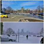 Top photo shows a view of a Toronto street with blue sky and all the snow melted. Bottom image is the same view of Toronto the next day, when a blizzard coats everything in white.