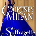 A white woman with brown hair wearing a huge royal blue ball gown looks over her shoulder at the viewer in one of Courtney Milan's signature cover styles