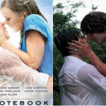 Two images side by side. Left is the movie poster for the Notebook, where Ryan Gosling and Rachel McAdams embrace in the rain. On the right, two white male junior hockey players recreate the scene.