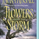Book cover for Flowers from the Storm by Laura Kinsale. A tree in the foreground with a large country home in the distance and a sky that's bluish-purple.