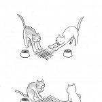 A simple hand-drawn comic in three panels. Top panel shows two cats eating kibble. Middle panel shows them scratching lines in the floor. Bottom panel shows them playing checkers with kibble on the grid their scratches made.