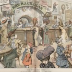 A two-magazine page sized illustration from the early 1900s showing a pub full of women in Edwardian era plumed hats, full skirts and high-necked blouses neglecting their children and their husbands.
