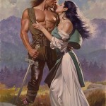 An old school romance cover painting with a long haired white man with a bare chest, leather pants and a sword with a raven haired white woman clinging to his chest with her dress falling down her shoulder.