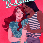 A book cover. Bright pink background. Title says FRESH ROMMANCE in an ice blue, 70s style font. A black woman with long blackk hair wears a blue and white striped tank top and denim shorts. She embraces a white woman with long red hair wearing a teal patterned blouse.