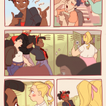 A page from webcomic Rock and Riot. It opens with Connie, a black woman in jeans and a black jacket with a red bandana in her hair. She shows up at school shooting double finger guns, making guys and girls alike swoon outside the school. But even Connie can’t keep her cool when she walks into school and sees the school’s very own Sandra Dee (a cute and more than a little chubby girl in a pink skirt and ponytail named Carla).
