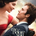 Me Before You movie poster. A brunette white woman in a fancy red dress leans into a brown haired white man wearing a navy blue suit and sitting in a black wheelchair.